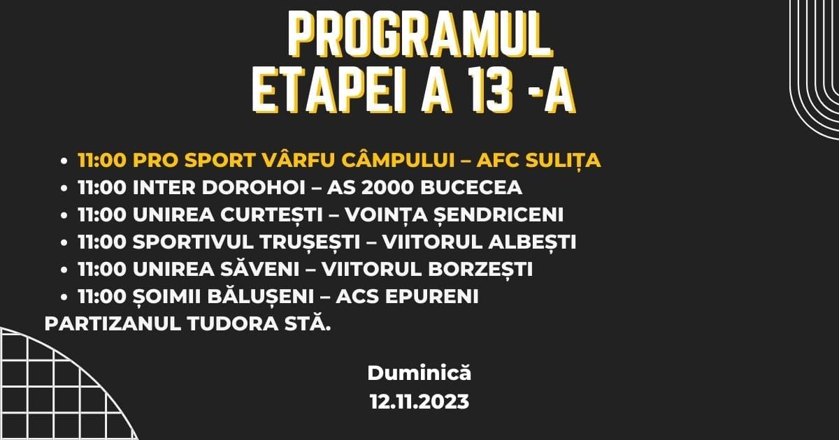 LACS Pro Sport Vârfu Câmpului - AFC Sulița, în ultima etapă a turului Ligii a 4-a